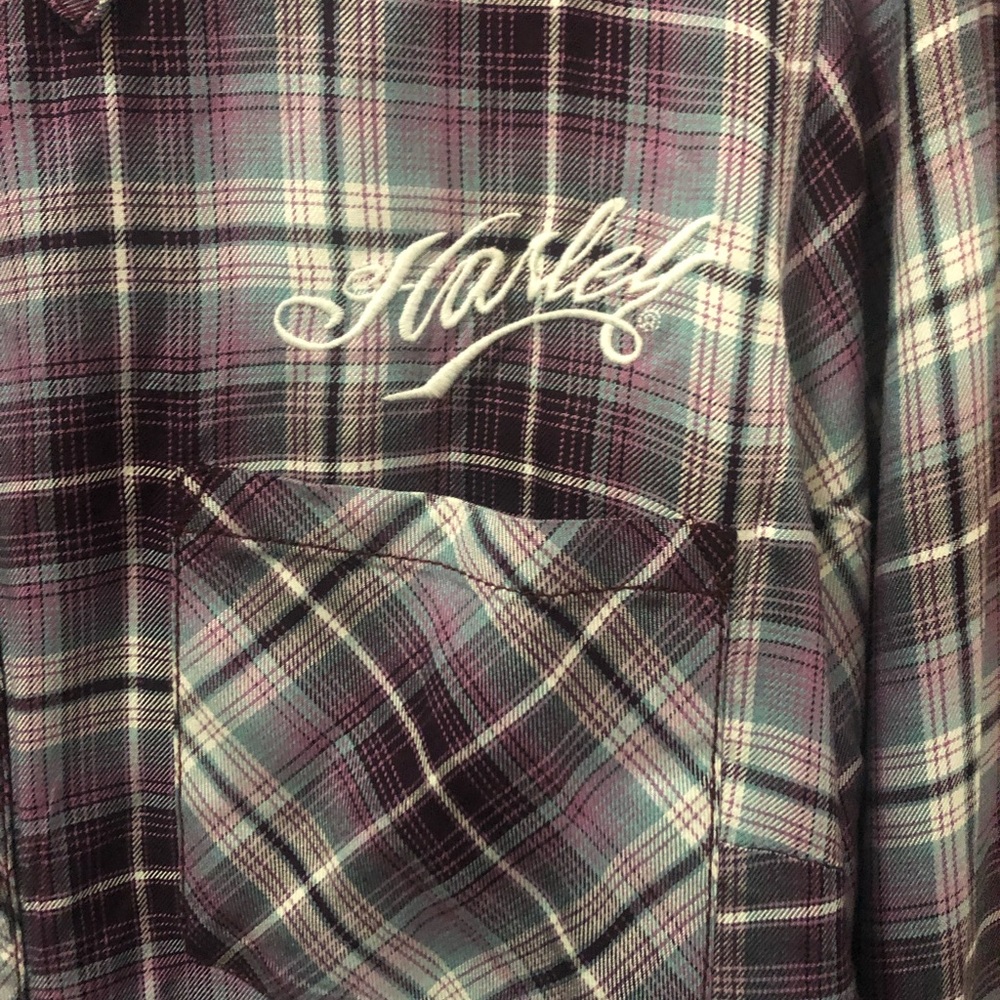 Harley Davidson purple and gray ladies plaid long sleeve button up shirt